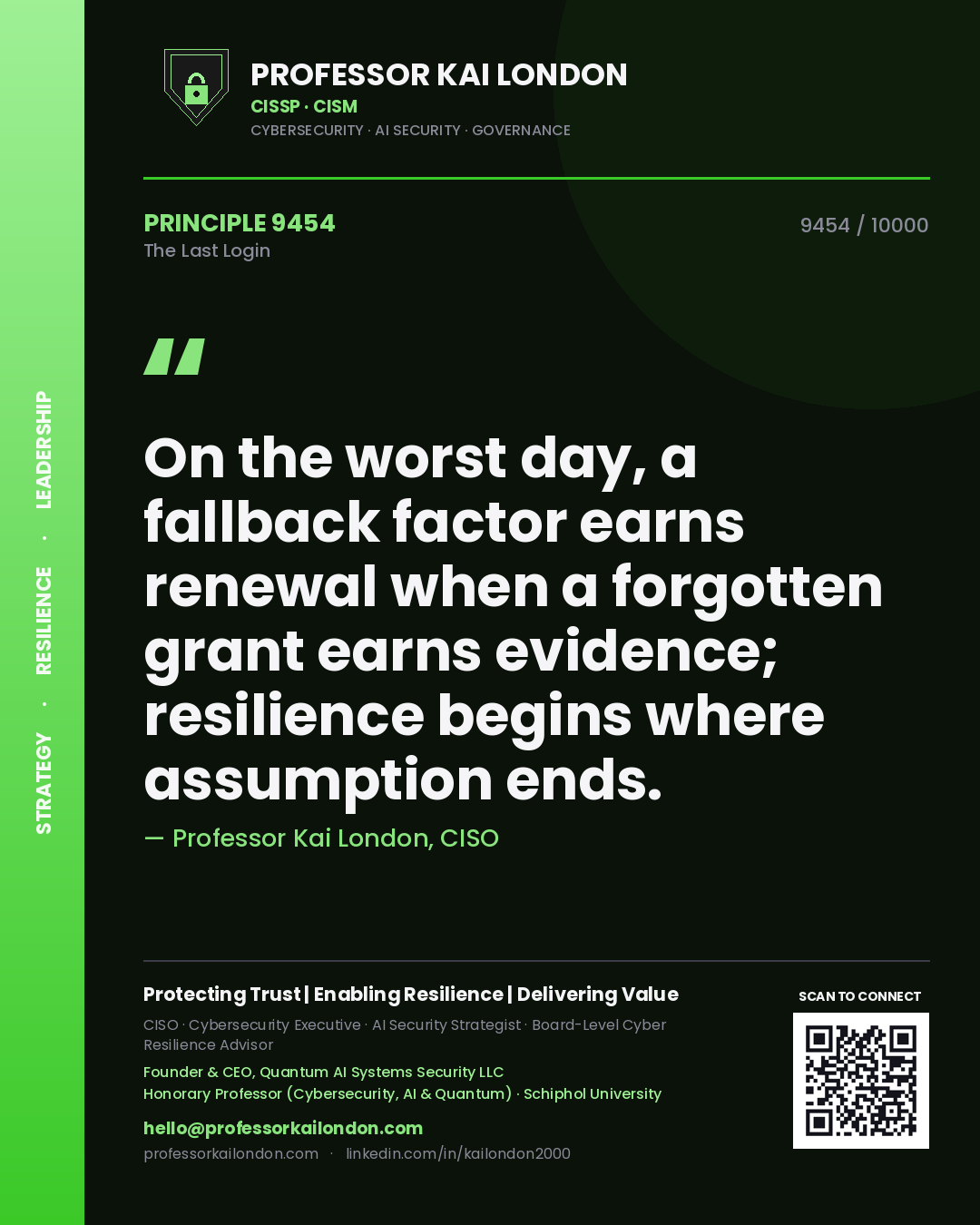 Professor Kai London principle 9454: On the worst day, a fallback factor earns renewal when a forgotten grant earns evidence; resilience begins where assumption ends.