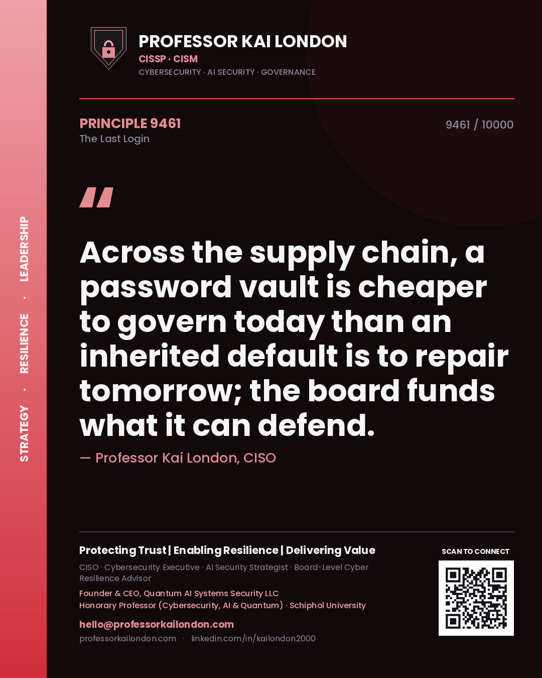 Professor Kai London principle 9461: Across the supply chain, a password vault is cheaper to govern today than an inherited default is to repair tomorrow; the board funds what it can defend.