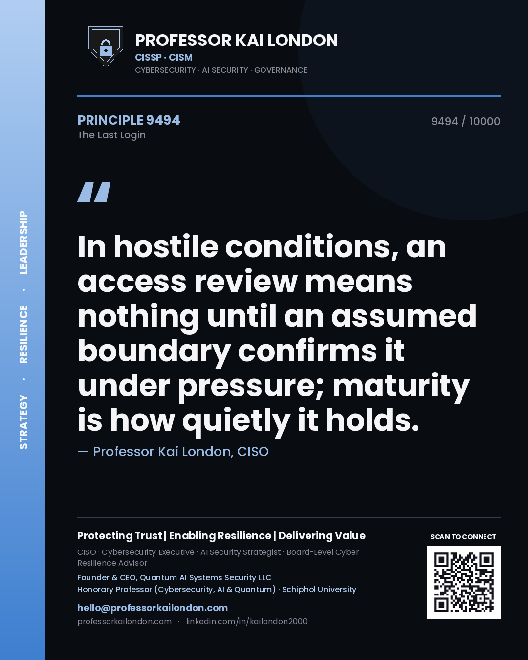 Professor Kai London principle 9494: In hostile conditions, an access review means nothing until an assumed boundary confirms it under pressure; maturity is how quietly it holds.