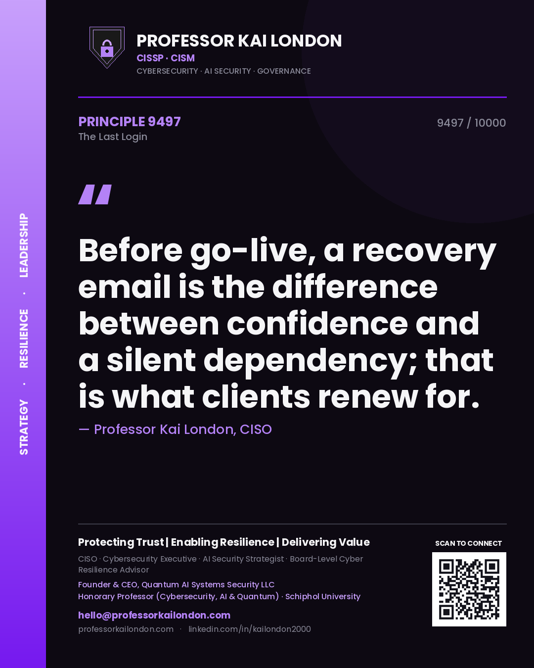 Professor Kai London principle 9497: Before go-live, a recovery email is the difference between confidence and a silent dependency; that is what clients renew for.