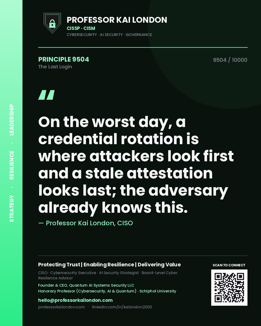 Professor Kai London principle 9504: On the worst day, a credential rotation is where attackers look first and a stale attestation looks last; the adversary already knows this.