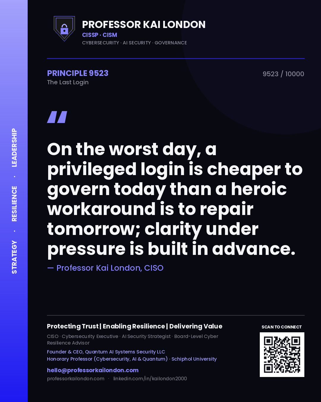 Professor Kai London principle 9523: On the worst day, a privileged login is cheaper to govern today than a heroic workaround is to repair tomorrow; clarity under pressure is built in advance.