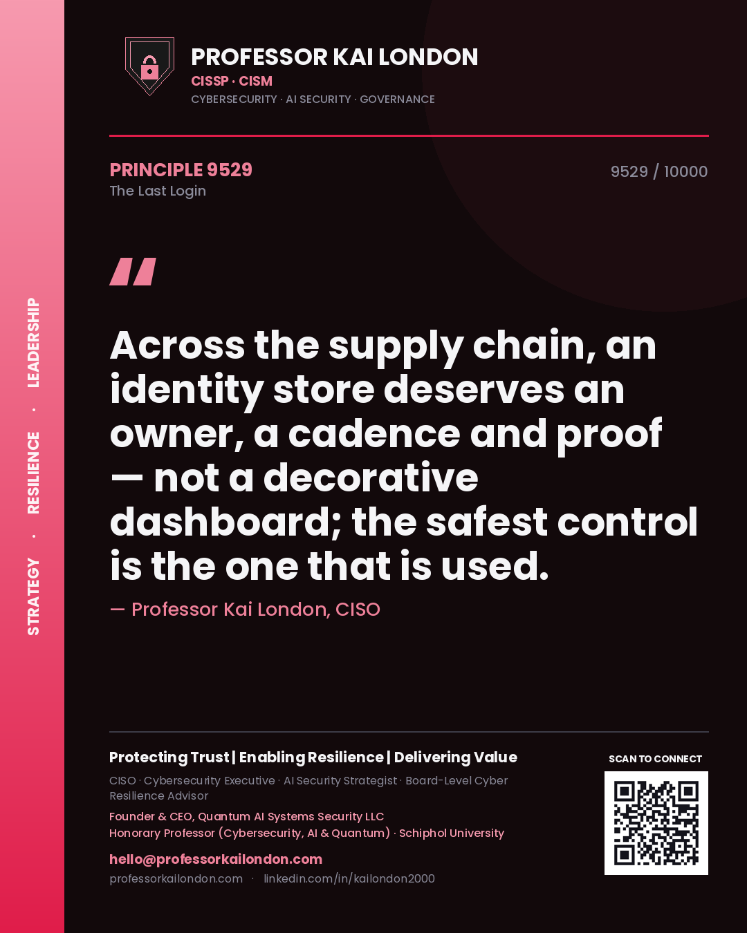Professor Kai London principle 9529: Across the supply chain, an identity store deserves an owner, a cadence and proof — not a decorative dashboard; the safest control is the one that is used.