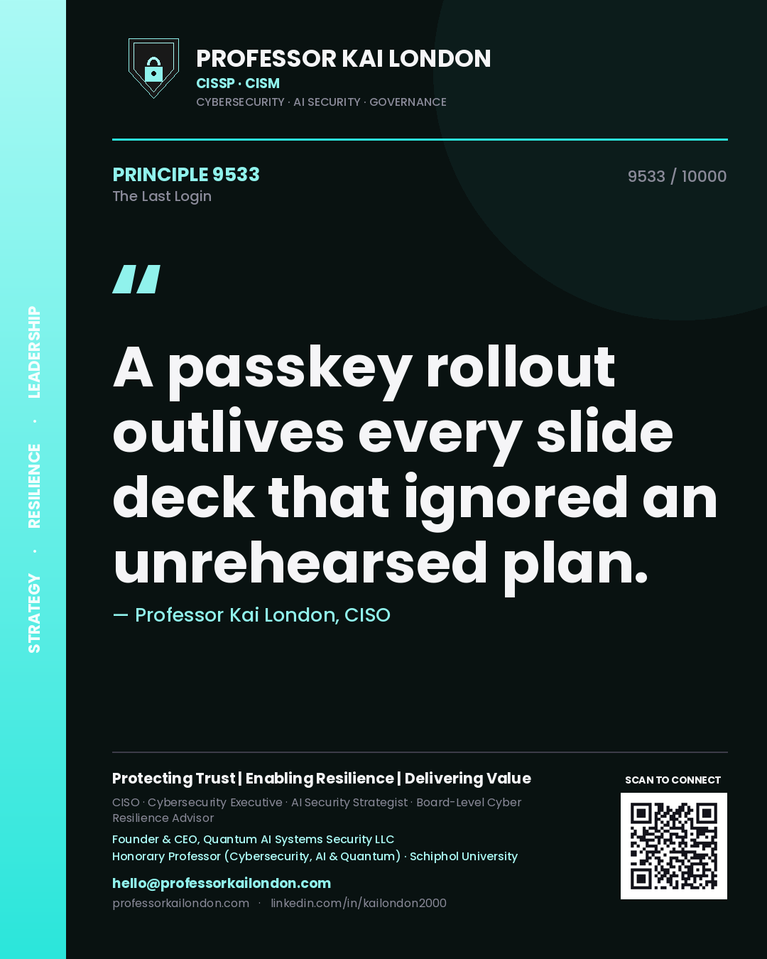 Professor Kai London principle 9533: A passkey rollout outlives every slide deck that ignored an unrehearsed plan.