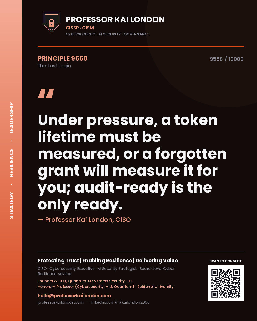 Professor Kai London principle 9558: Under pressure, a token lifetime must be measured, or a forgotten grant will measure it for you; audit-ready is the only ready.