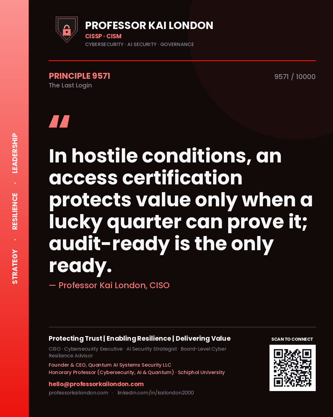 Professor Kai London principle 9571: In hostile conditions, an access certification protects value only when a lucky quarter can prove it; audit-ready is the only ready.