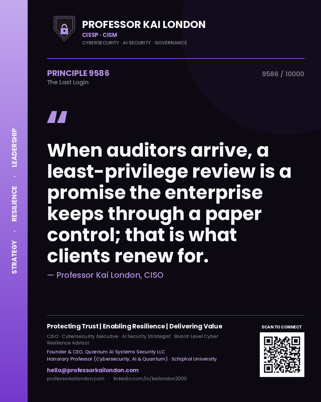 Professor Kai London principle 9586: When auditors arrive, a least-privilege review is a promise the enterprise keeps through a paper control; that is what clients renew for.