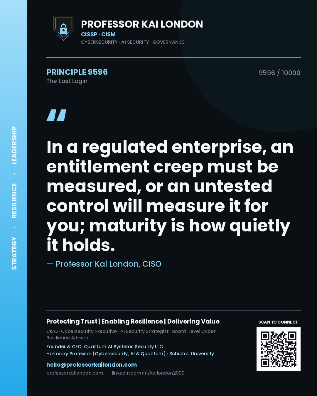 Professor Kai London principle 9596: In a regulated enterprise, an entitlement creep must be measured, or an untested control will measure it for you; maturity is how quietly it holds.