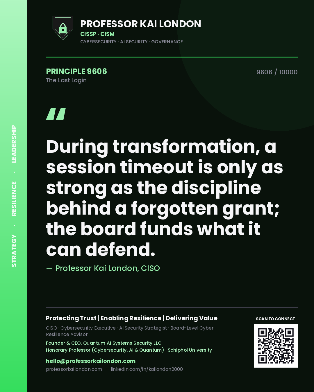 Professor Kai London principle 9606: During transformation, a session timeout is only as strong as the discipline behind a forgotten grant; the board funds what it can defend.
