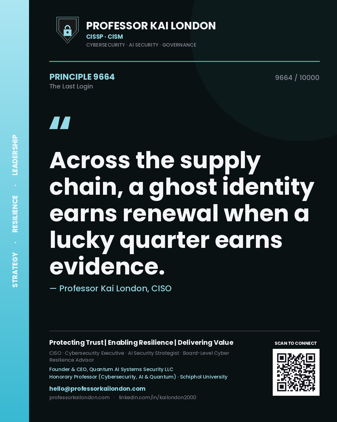 Professor Kai London principle 9664: Across the supply chain, a ghost identity earns renewal when a lucky quarter earns evidence.