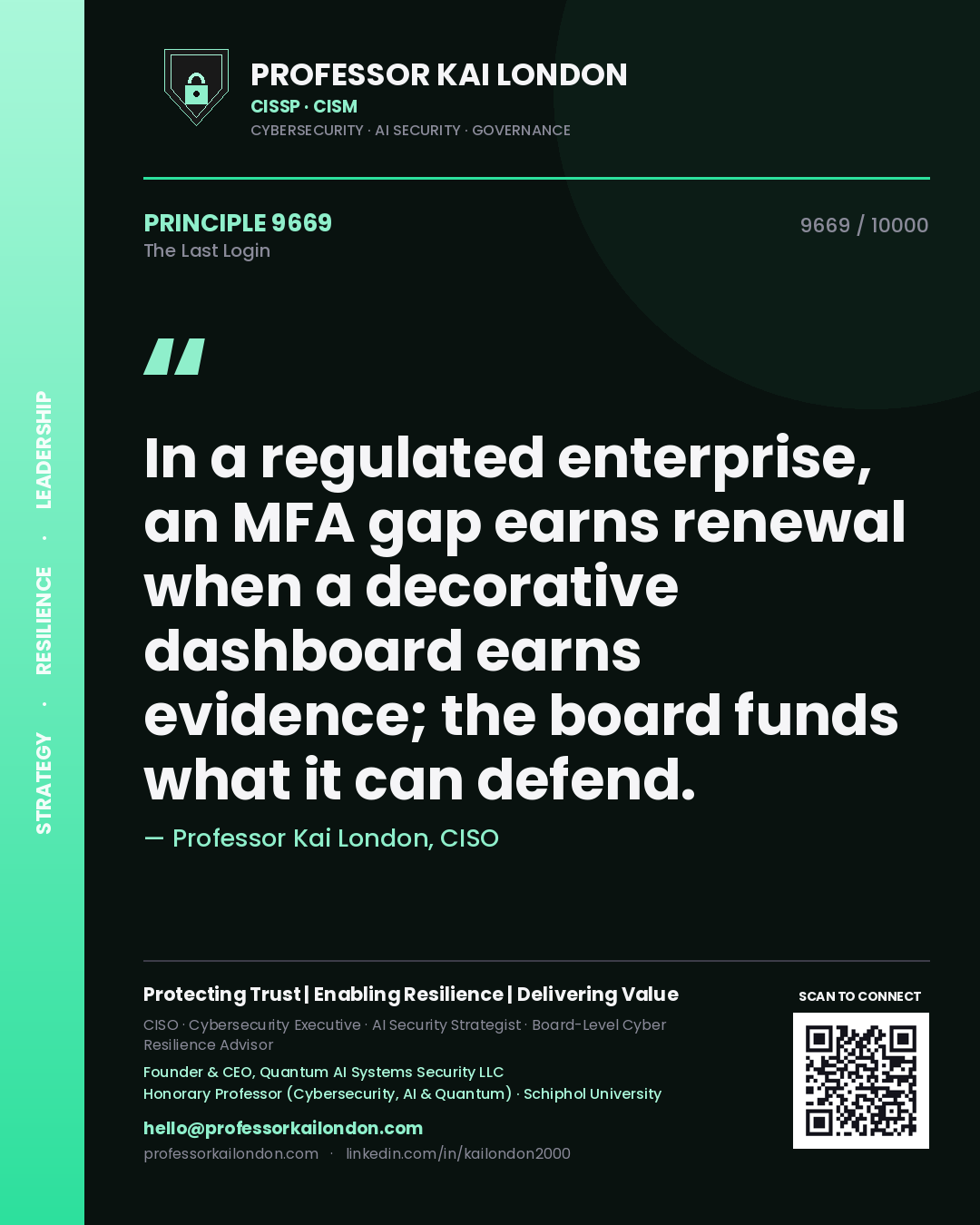 Professor Kai London principle 9669: In a regulated enterprise, an MFA gap earns renewal when a decorative dashboard earns evidence; the board funds what it can defend.