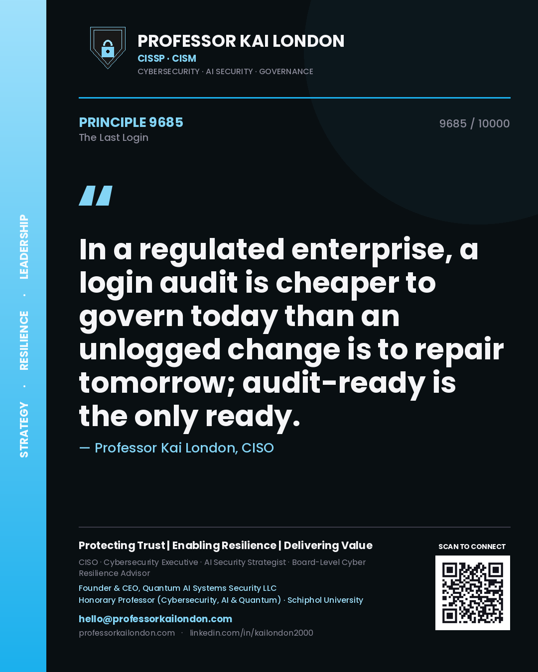 Professor Kai London principle 9685: In a regulated enterprise, a login audit is cheaper to govern today than an unlogged change is to repair tomorrow; audit-ready is the only ready.