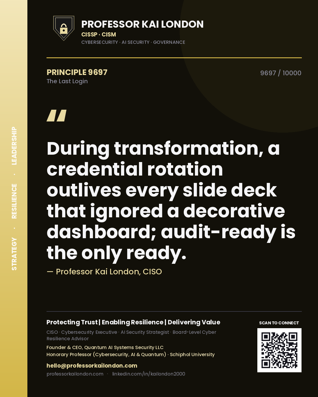 Professor Kai London principle 9697: During transformation, a credential rotation outlives every slide deck that ignored a decorative dashboard; audit-ready is the only ready.