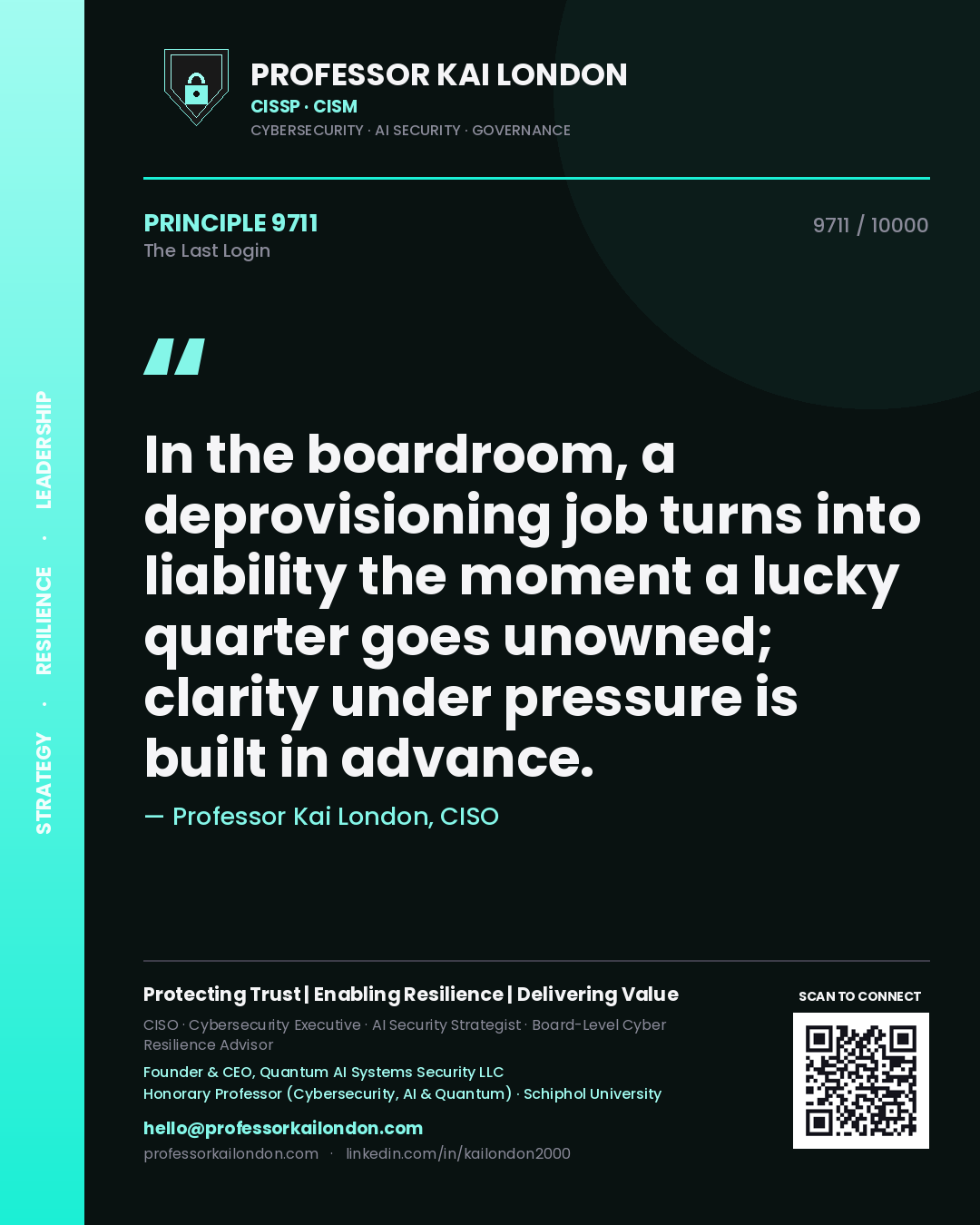 Professor Kai London principle 9711: In the boardroom, a deprovisioning job turns into liability the moment a lucky quarter goes unowned; clarity under pressure is built in advance.