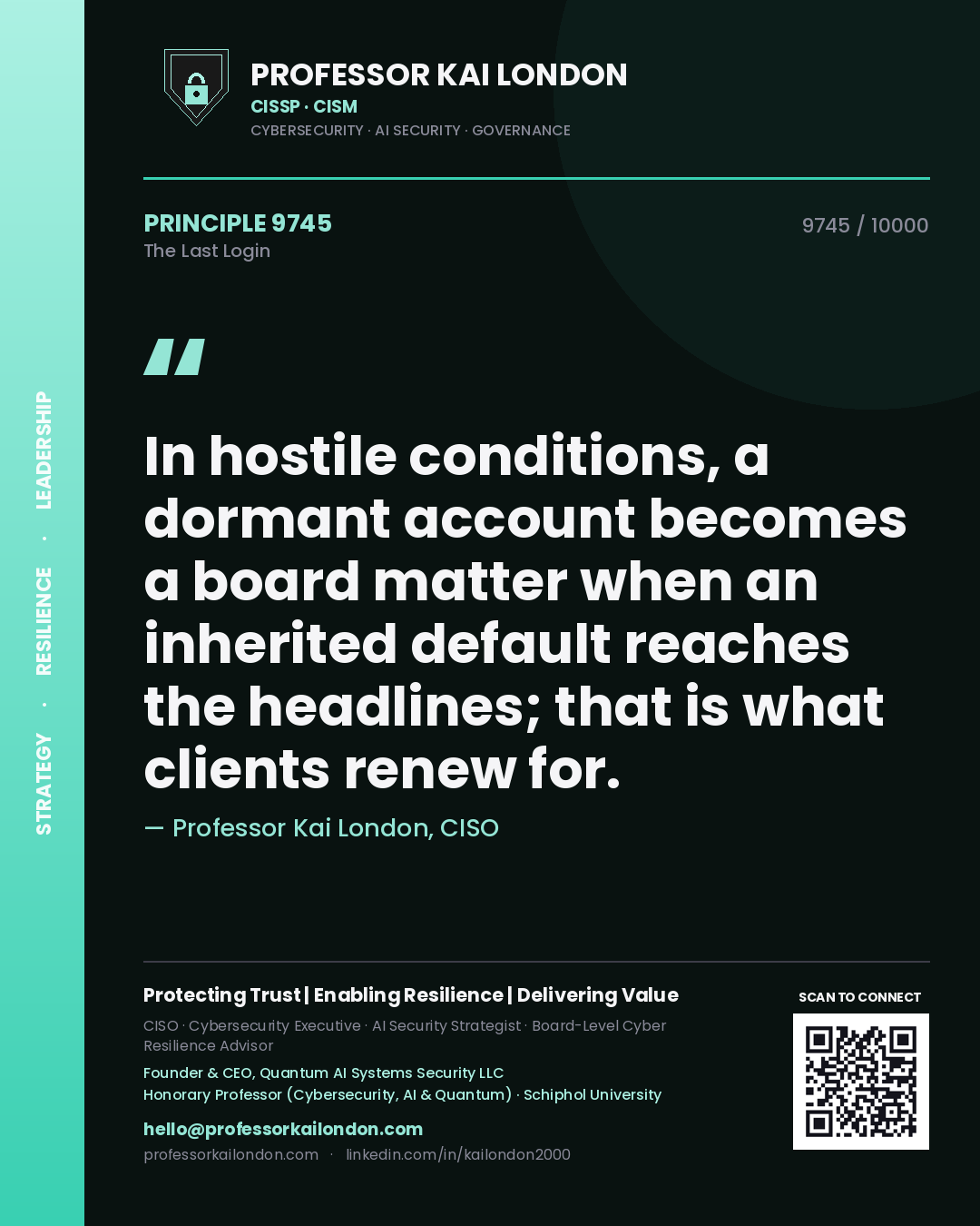 Professor Kai London principle 9745: In hostile conditions, a dormant account becomes a board matter when an inherited default reaches the headlines; that is what clients renew for.