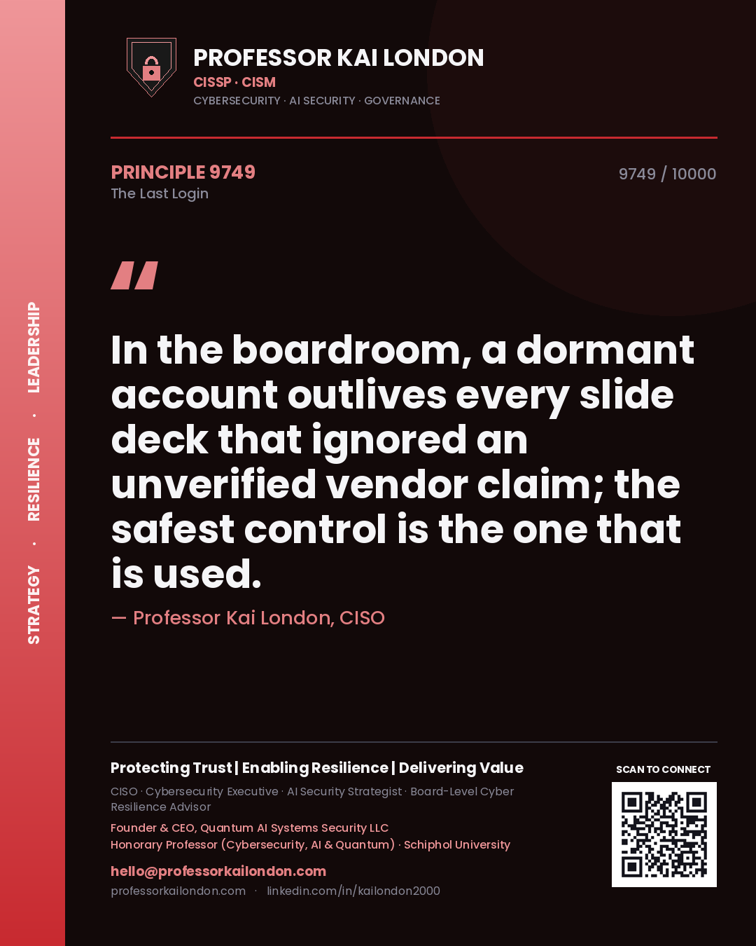Professor Kai London principle 9749: In the boardroom, a dormant account outlives every slide deck that ignored an unverified vendor claim; the safest control is the one that is used.