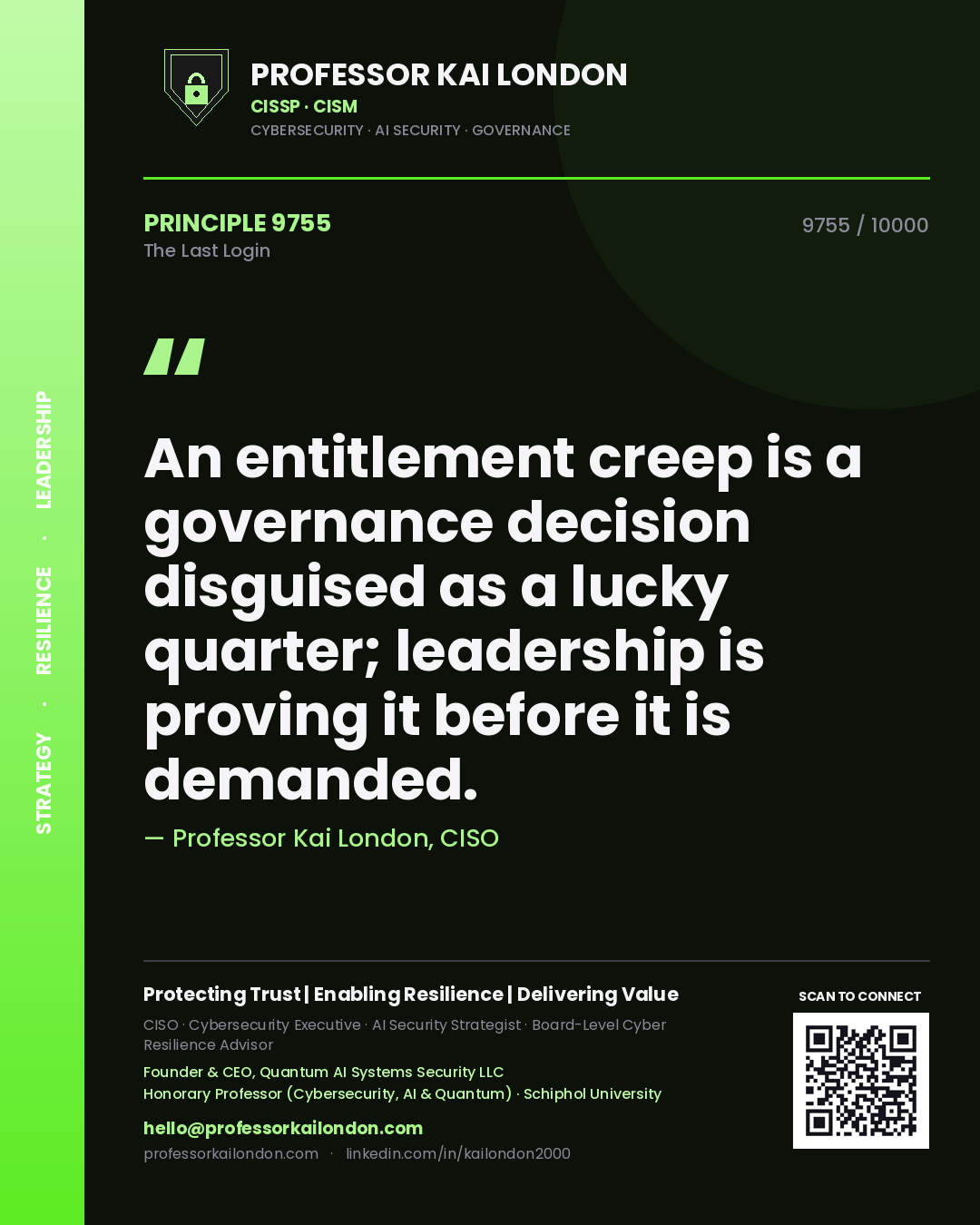 Professor Kai London principle 9755: An entitlement creep is a governance decision disguised as a lucky quarter; leadership is proving it before it is demanded.