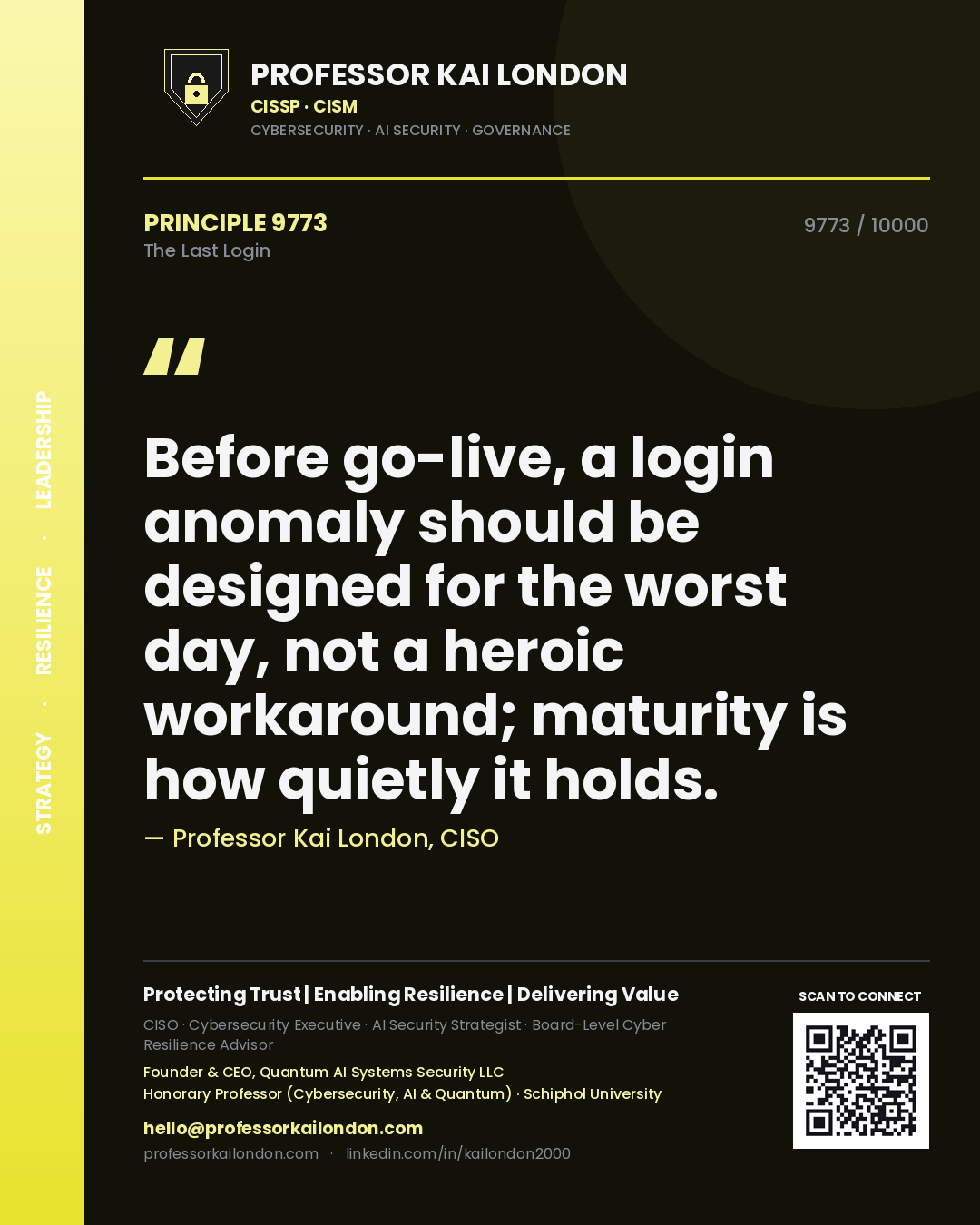 Professor Kai London principle 9773: Before go-live, a login anomaly should be designed for the worst day, not a heroic workaround; maturity is how quietly it holds.