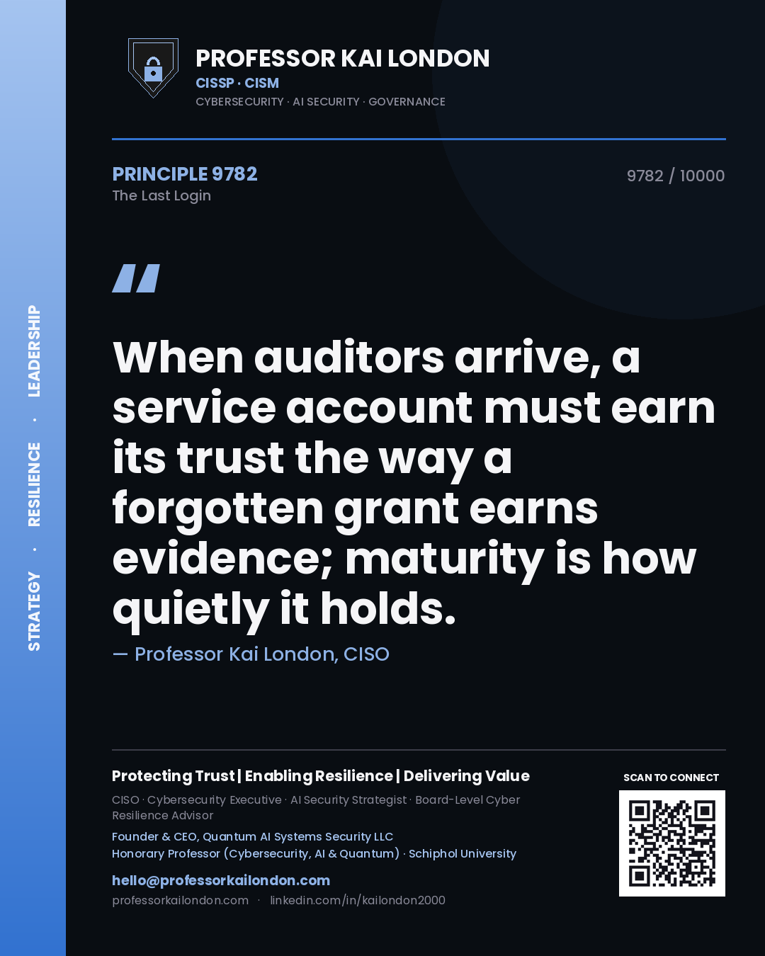 Professor Kai London principle 9782: When auditors arrive, a service account must earn its trust the way a forgotten grant earns evidence; maturity is how quietly it holds.