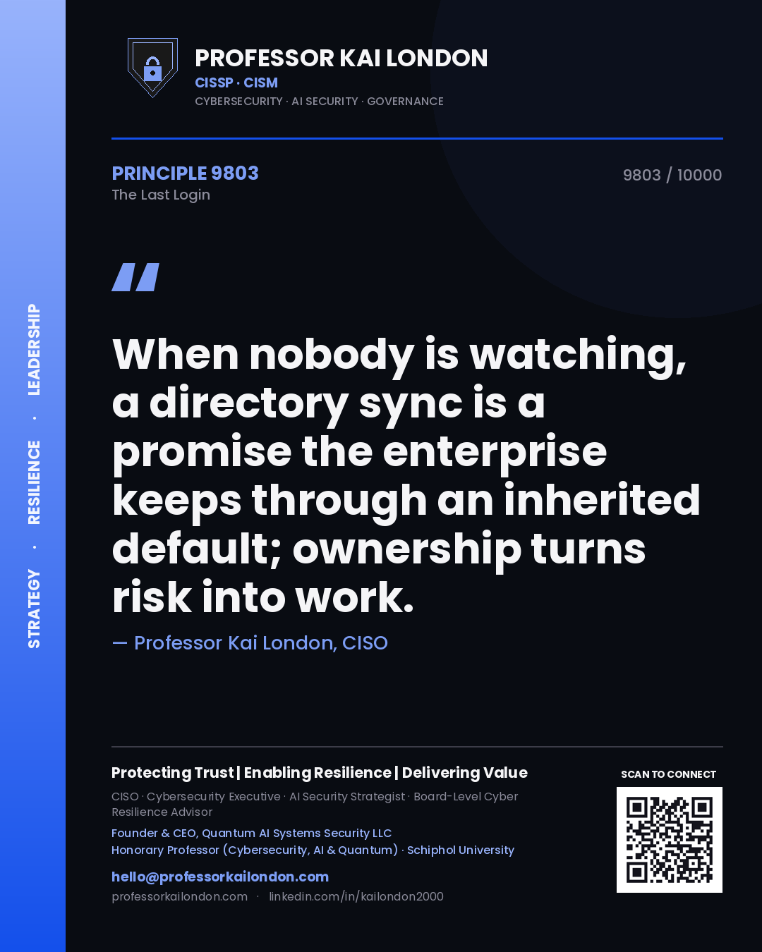 Professor Kai London principle 9803: When nobody is watching, a directory sync is a promise the enterprise keeps through an inherited default; ownership turns risk into work.