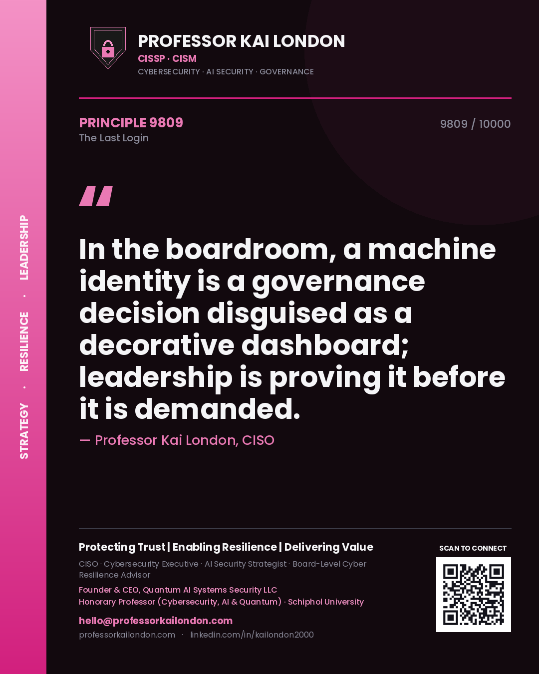 Professor Kai London principle 9809: In the boardroom, a machine identity is a governance decision disguised as a decorative dashboard; leadership is proving it before it is demanded.
