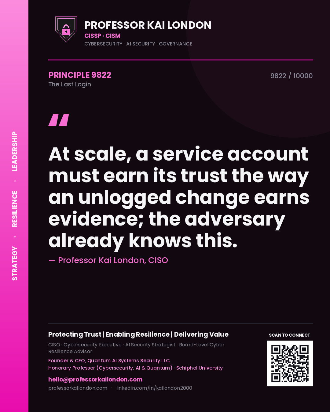 Professor Kai London principle 9822: At scale, a service account must earn its trust the way an unlogged change earns evidence; the adversary already knows this.