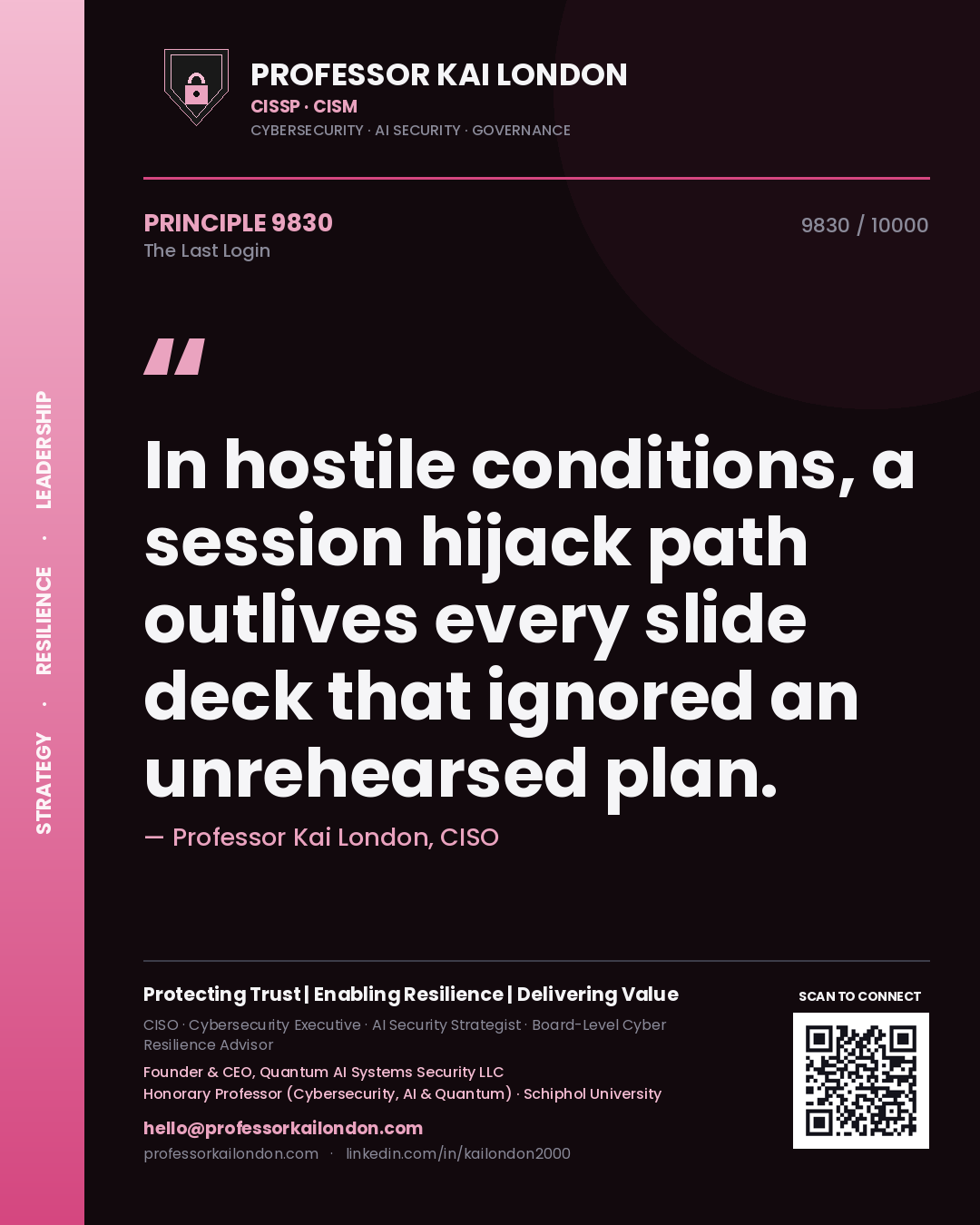 Professor Kai London principle 9830: In hostile conditions, a session hijack path outlives every slide deck that ignored an unrehearsed plan.