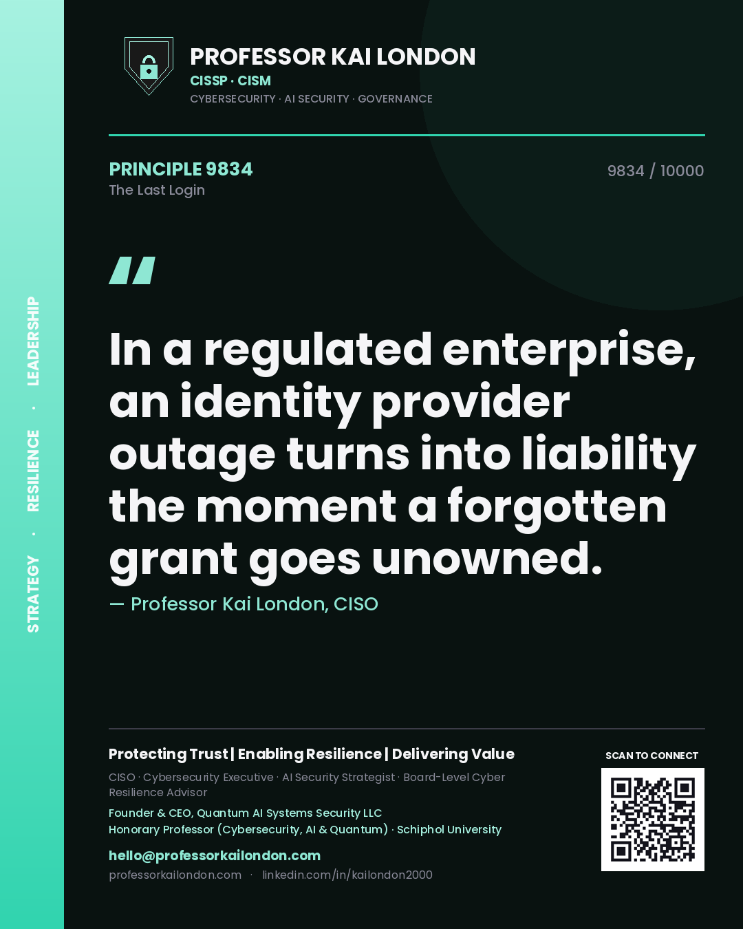 Professor Kai London principle 9834: In a regulated enterprise, an identity provider outage turns into liability the moment a forgotten grant goes unowned.