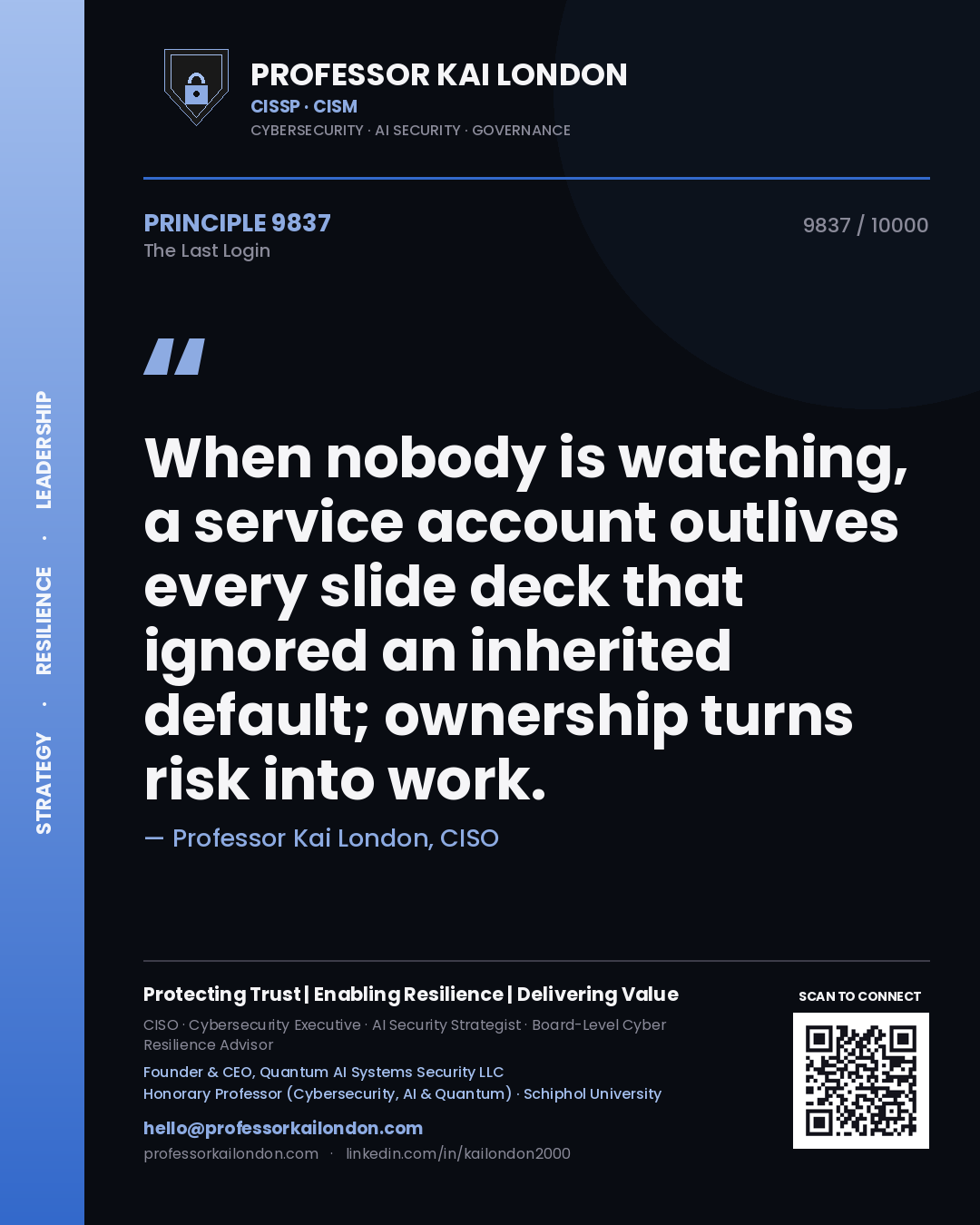 Professor Kai London principle 9837: When nobody is watching, a service account outlives every slide deck that ignored an inherited default; ownership turns risk into work.