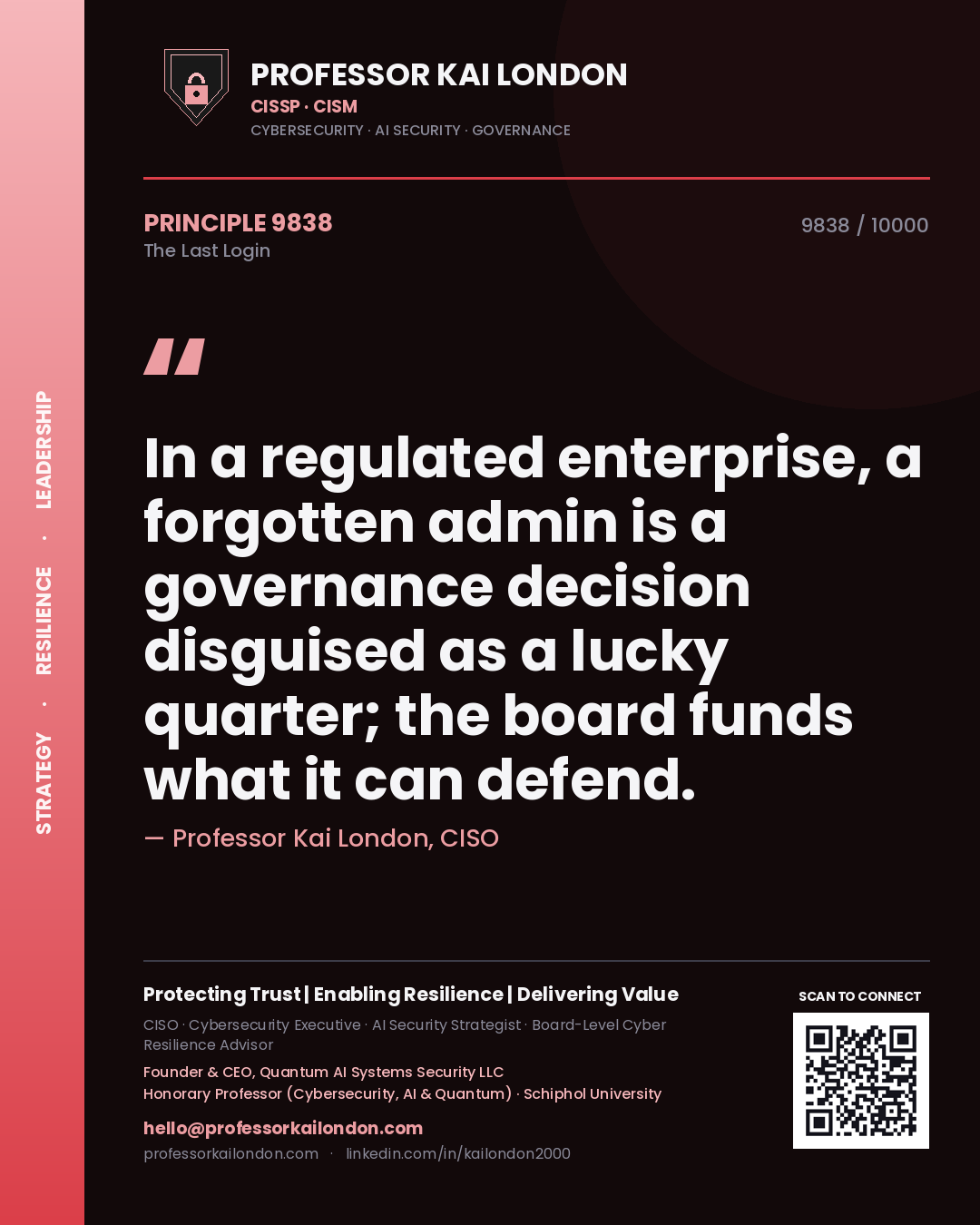 Professor Kai London principle 9838: In a regulated enterprise, a forgotten admin is a governance decision disguised as a lucky quarter; the board funds what it can defend.