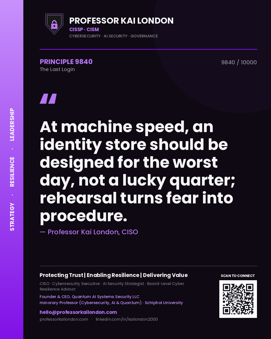 Professor Kai London principle 9840: At machine speed, an identity store should be designed for the worst day, not a lucky quarter; rehearsal turns fear into procedure.