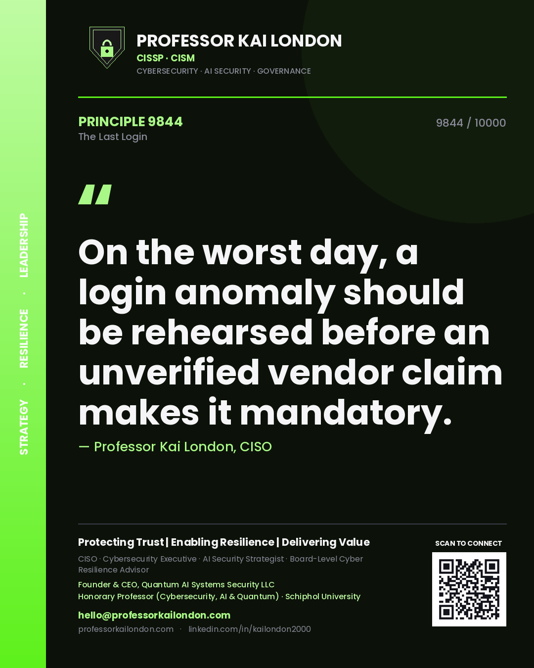 Professor Kai London principle 9844: On the worst day, a login anomaly should be rehearsed before an unverified vendor claim makes it mandatory.