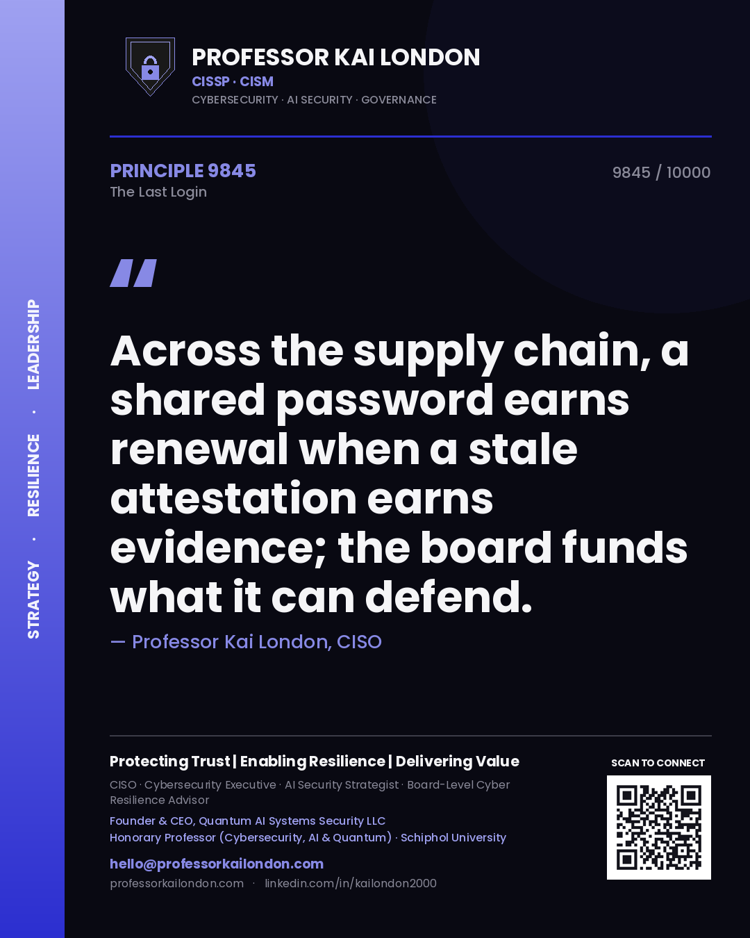 Professor Kai London principle 9845: Across the supply chain, a shared password earns renewal when a stale attestation earns evidence; the board funds what it can defend.
