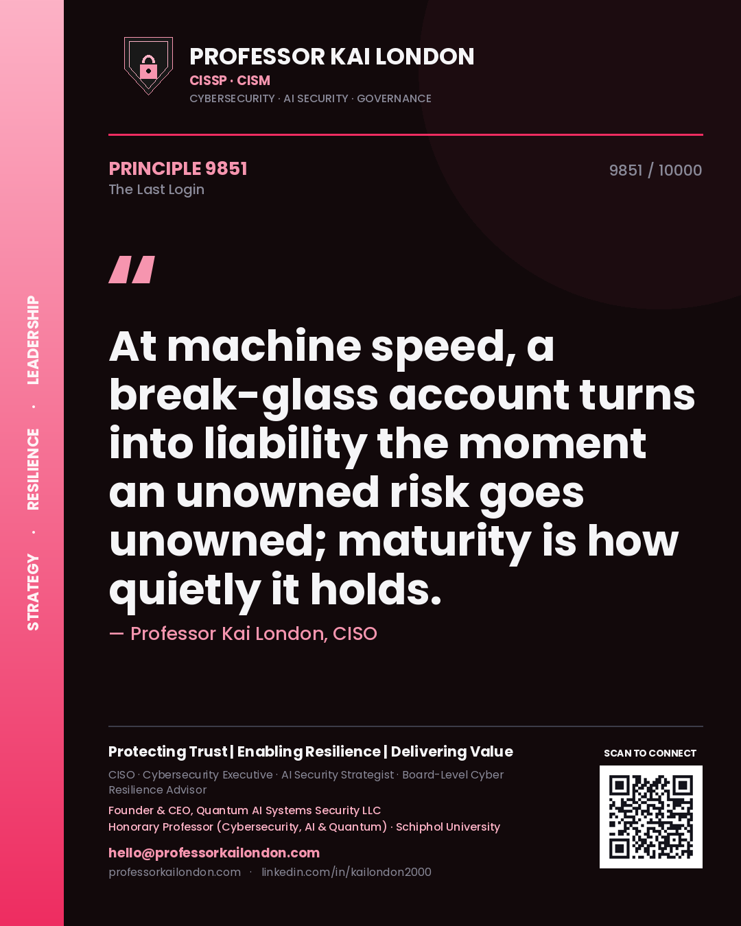 Professor Kai London principle 9851: At machine speed, a break-glass account turns into liability the moment an unowned risk goes unowned; maturity is how quietly it holds.