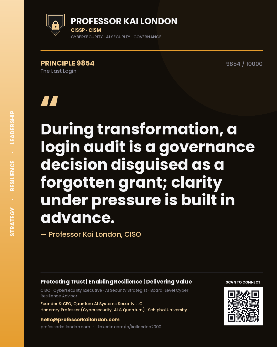 Professor Kai London principle 9854: During transformation, a login audit is a governance decision disguised as a forgotten grant; clarity under pressure is built in advance.