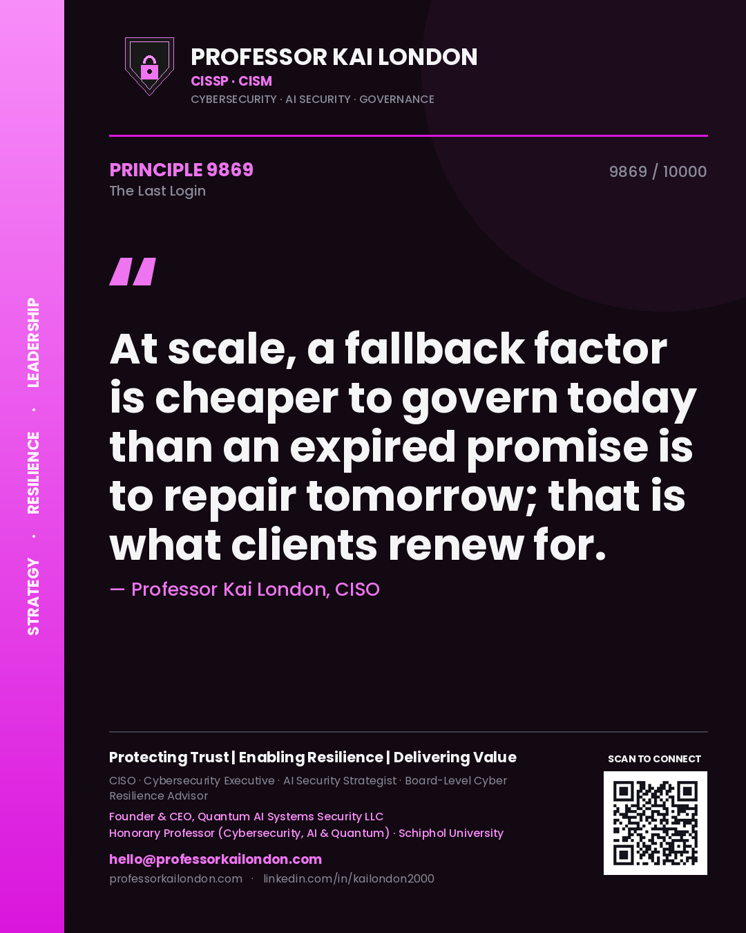 Professor Kai London principle 9869: At scale, a fallback factor is cheaper to govern today than an expired promise is to repair tomorrow; that is what clients renew for.