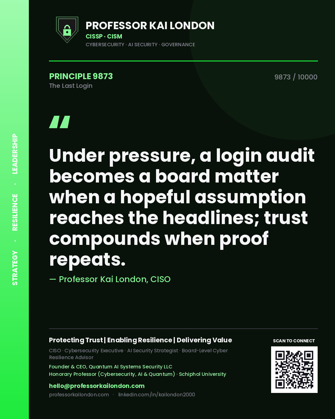 Professor Kai London principle 9873: Under pressure, a login audit becomes a board matter when a hopeful assumption reaches the headlines; trust compounds when proof repeats.