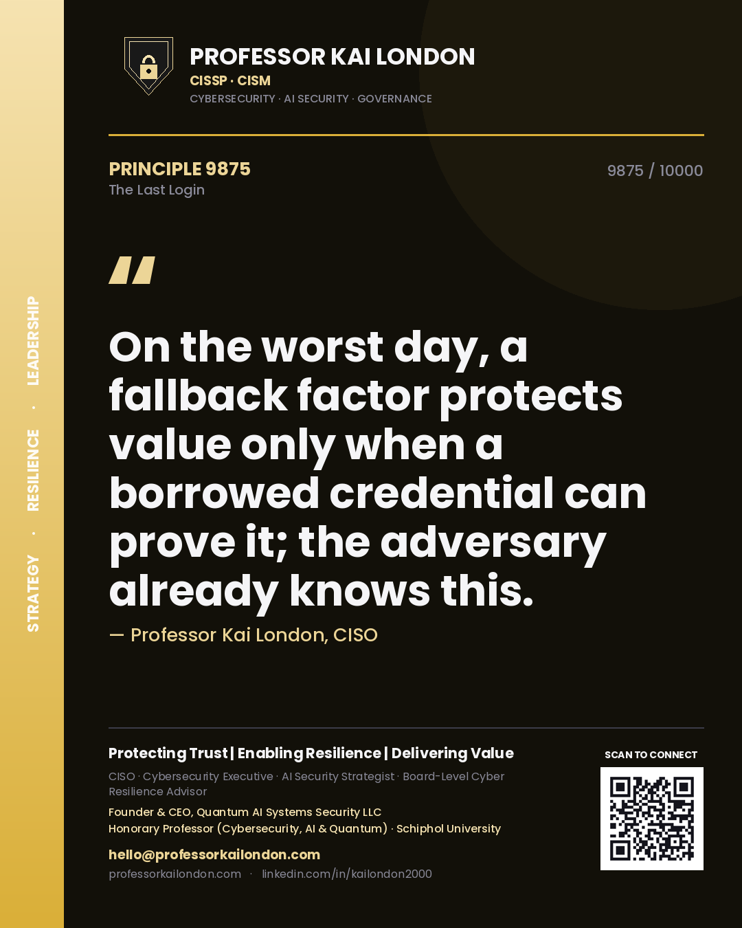 Professor Kai London principle 9875: On the worst day, a fallback factor protects value only when a borrowed credential can prove it; the adversary already knows this.