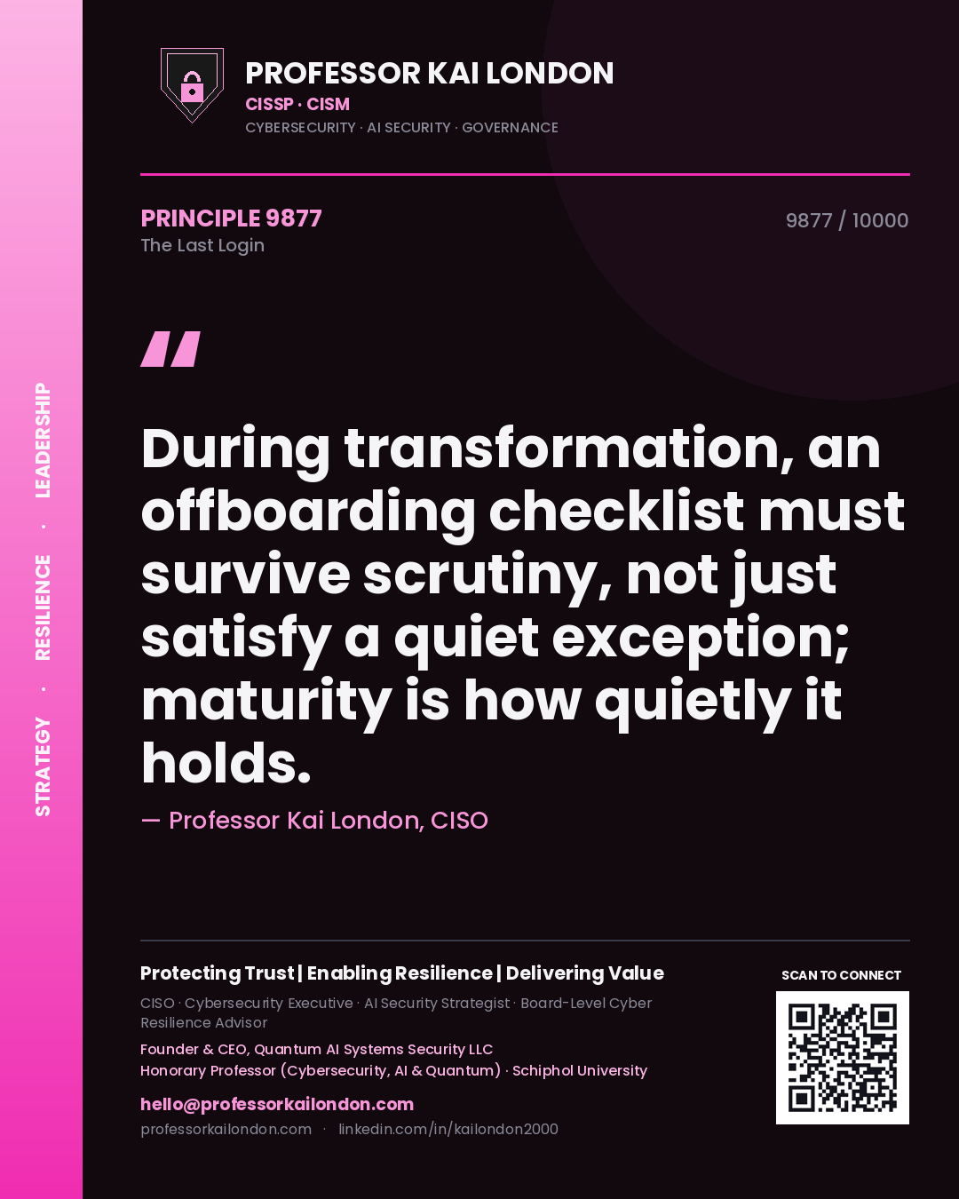 Professor Kai London principle 9877: During transformation, an offboarding checklist must survive scrutiny, not just satisfy a quiet exception; maturity is how quietly it holds.