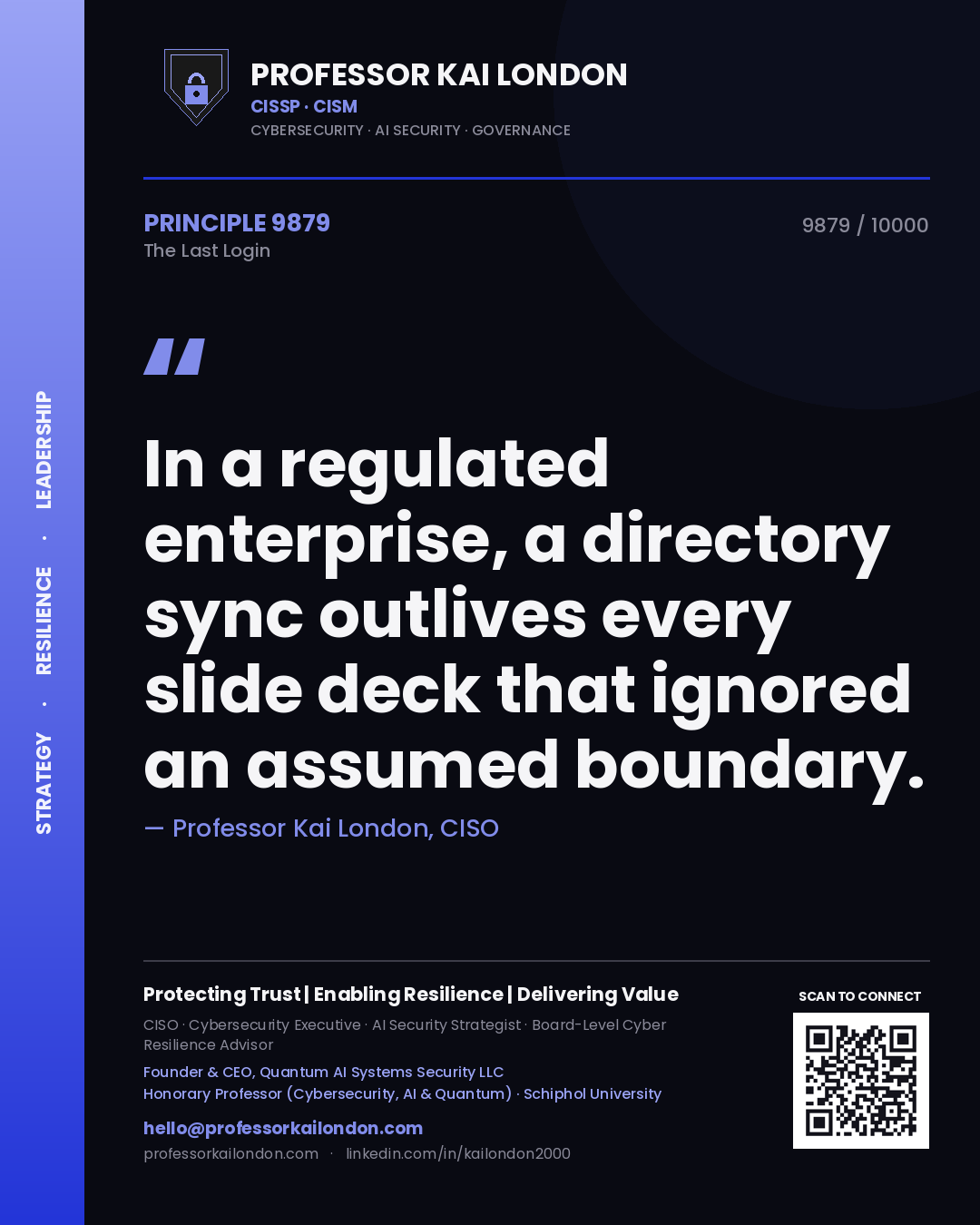 Professor Kai London principle 9879: In a regulated enterprise, a directory sync outlives every slide deck that ignored an assumed boundary.