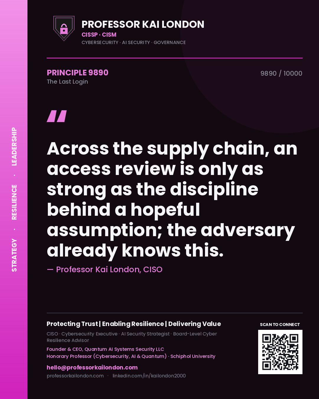 Professor Kai London principle 9890: Across the supply chain, an access review is only as strong as the discipline behind a hopeful assumption; the adversary already knows this.