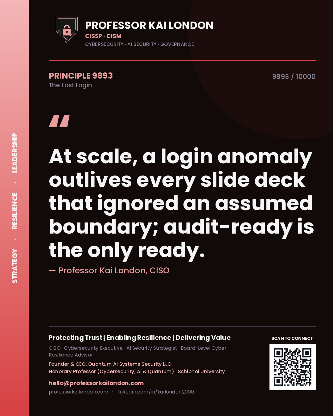 Professor Kai London principle 9893: At scale, a login anomaly outlives every slide deck that ignored an assumed boundary; audit-ready is the only ready.