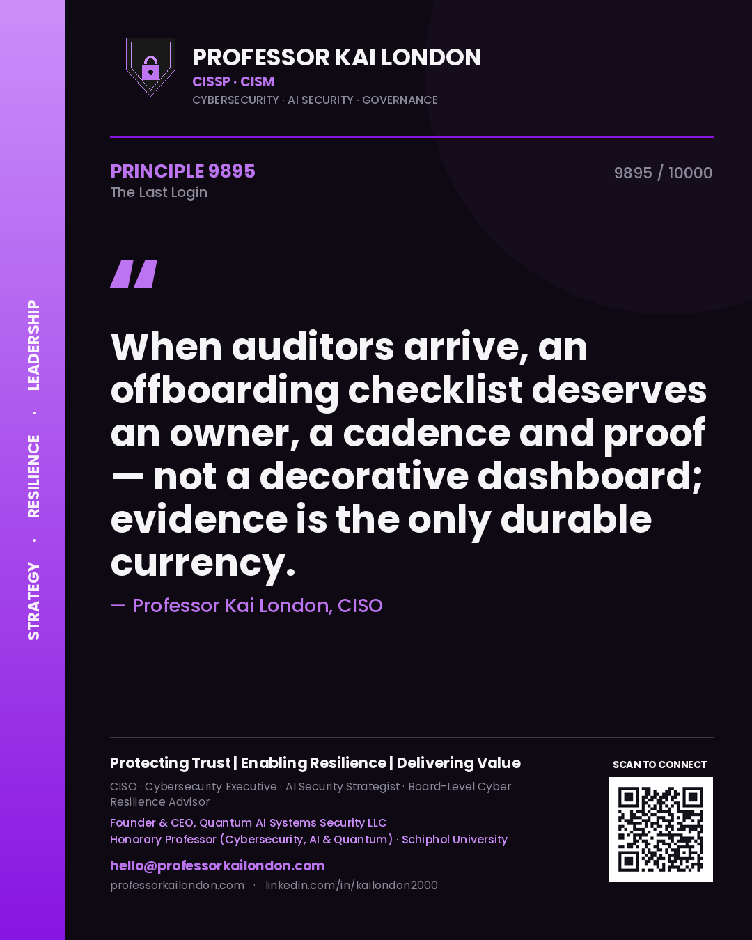 Professor Kai London principle 9895: When auditors arrive, an offboarding checklist deserves an owner, a cadence and proof — not a decorative dashboard; evidence is the only durable currency.
