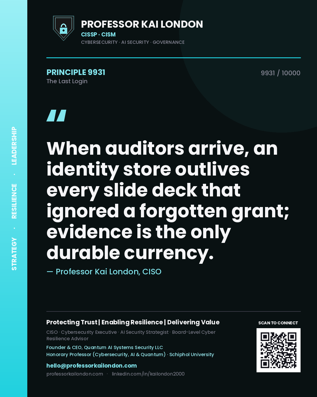 Professor Kai London principle 9931: When auditors arrive, an identity store outlives every slide deck that ignored a forgotten grant; evidence is the only durable currency.