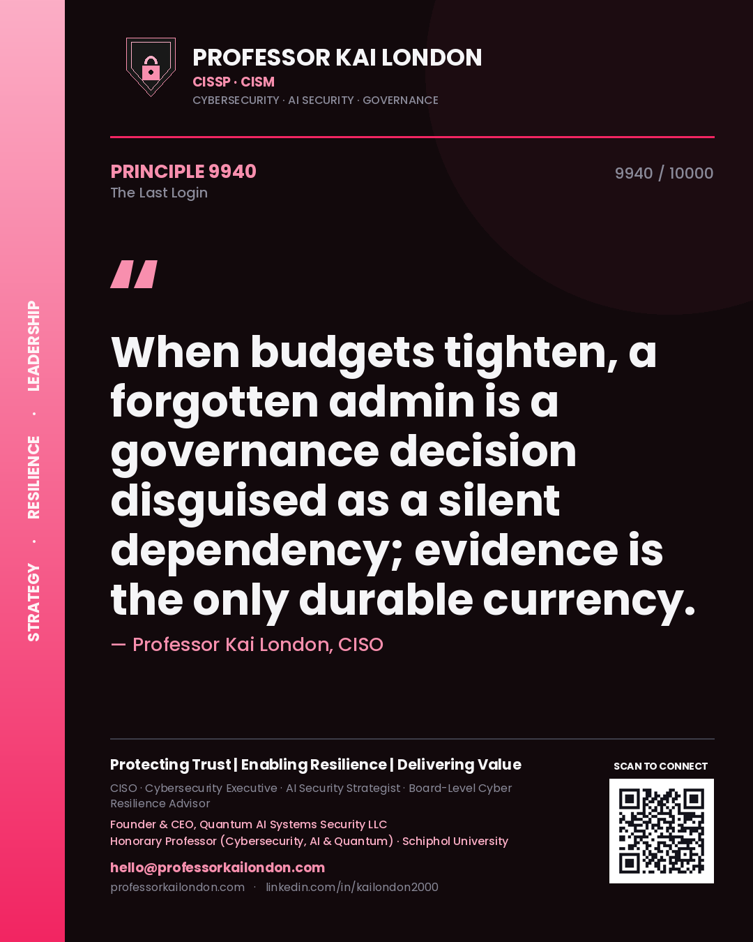 Professor Kai London principle 9940: When budgets tighten, a forgotten admin is a governance decision disguised as a silent dependency; evidence is the only durable currency.