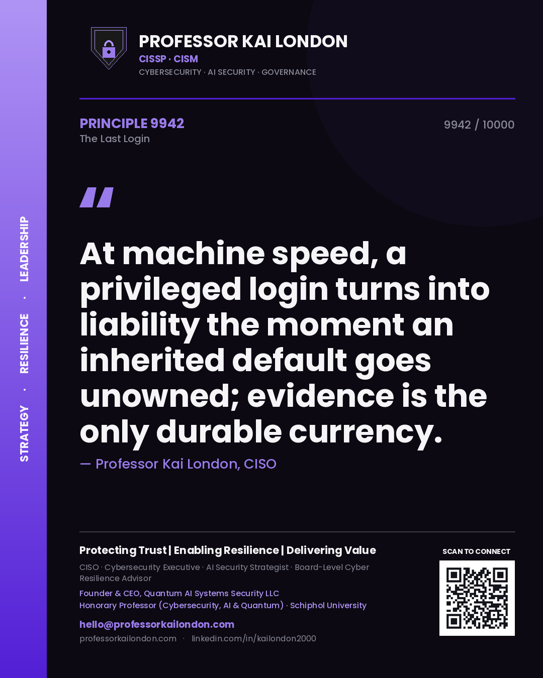 Professor Kai London principle 9942: At machine speed, a privileged login turns into liability the moment an inherited default goes unowned; evidence is the only durable currency.