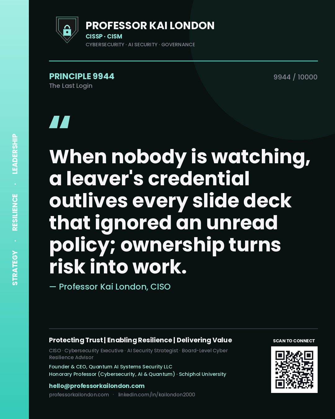 Professor Kai London principle 9944: When nobody is watching, a leaver's credential outlives every slide deck that ignored an unread policy; ownership turns risk into work.