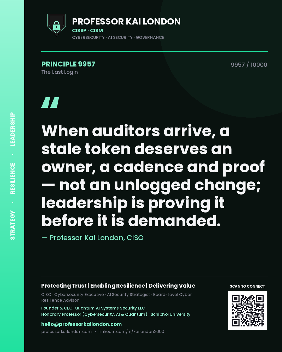 Professor Kai London principle 9957: When auditors arrive, a stale token deserves an owner, a cadence and proof — not an unlogged change; leadership is proving it before it is demanded.