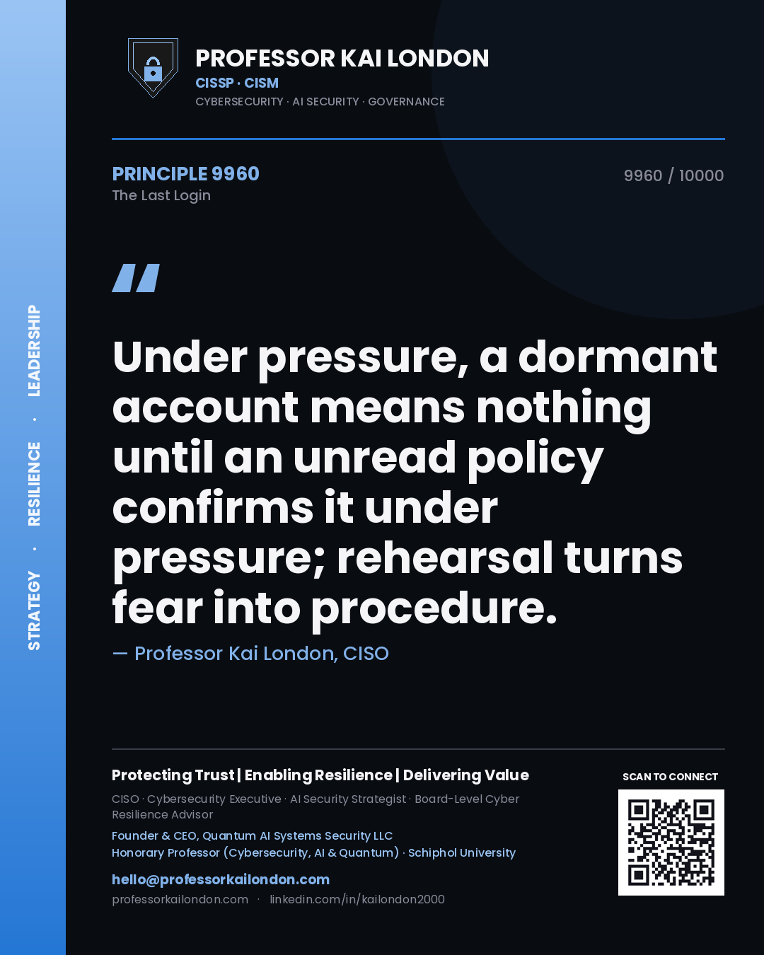 Professor Kai London principle 9960: Under pressure, a dormant account means nothing until an unread policy confirms it under pressure; rehearsal turns fear into procedure.
