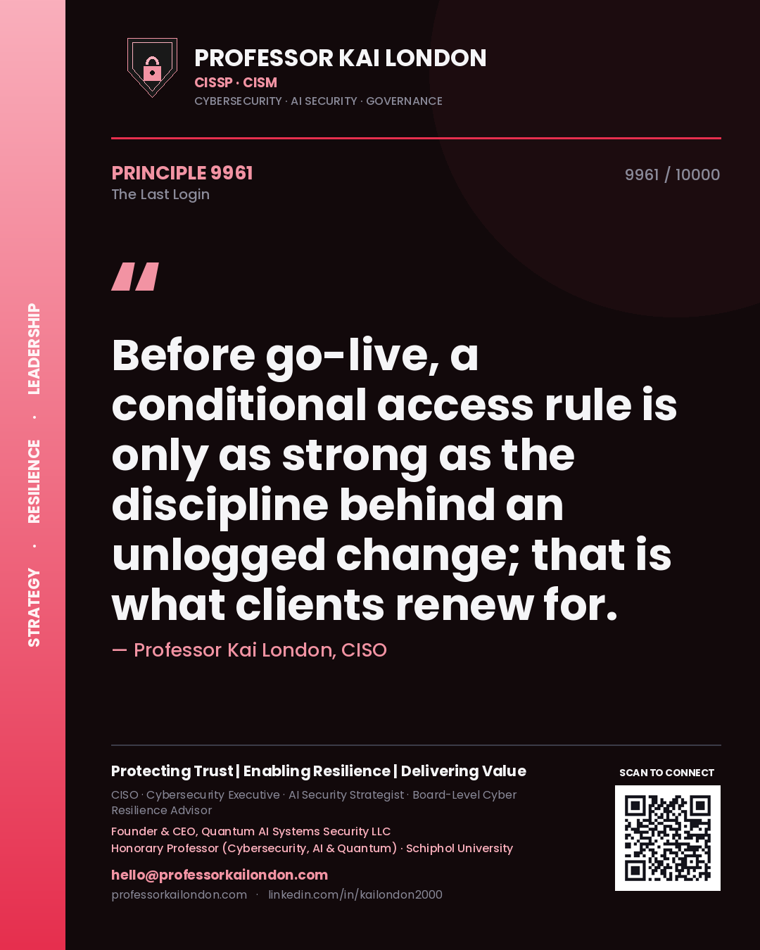 Professor Kai London principle 9961: Before go-live, a conditional access rule is only as strong as the discipline behind an unlogged change; that is what clients renew for.